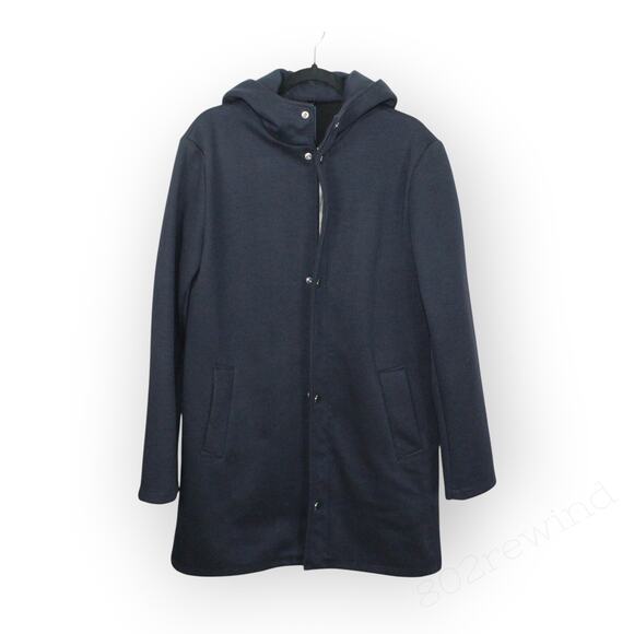 Large Zara Man Duffel Overcoat Navy Blue Poly-Cotton Weave Zip Snap Hood - Picture 3 of 14